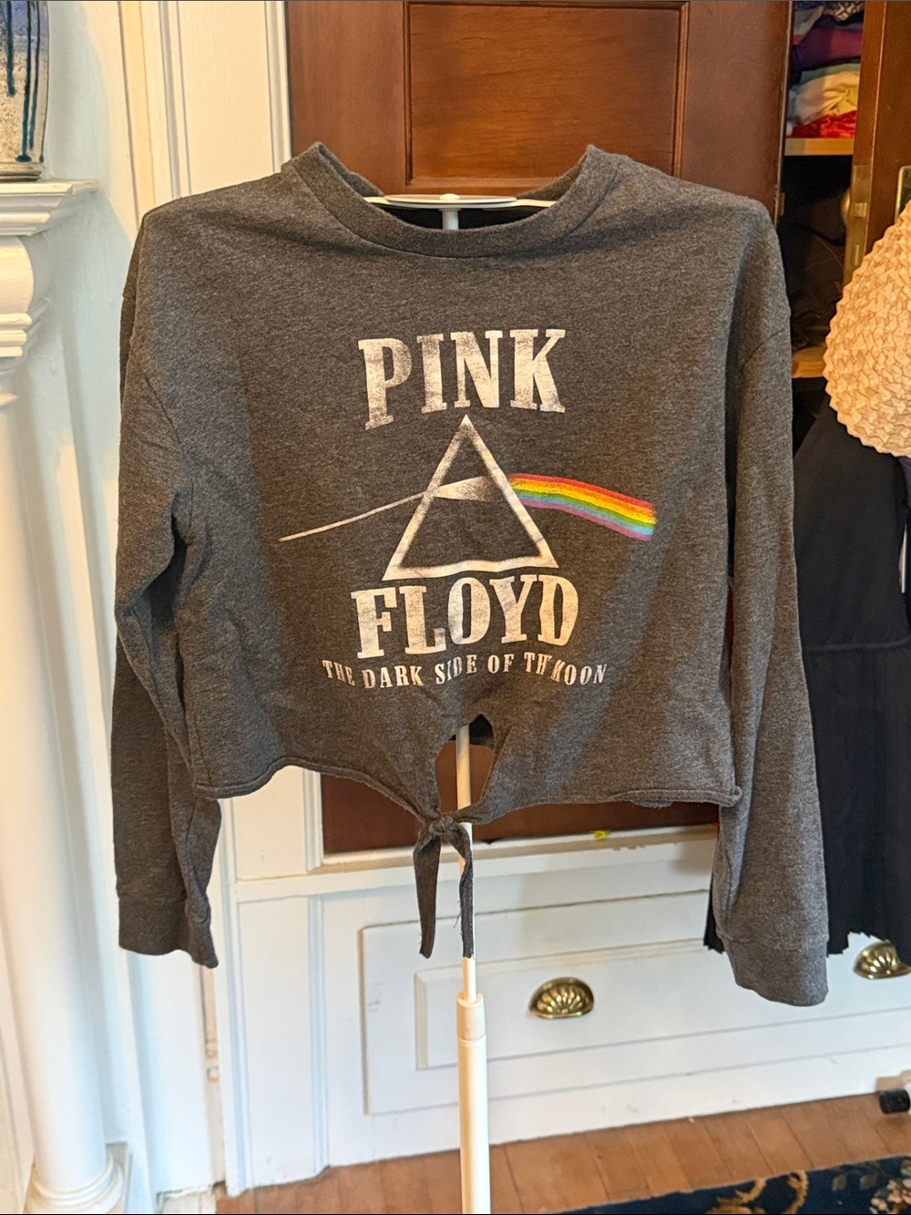 Pink‎ Floyd Dark Gray Cropped Tie-Front Sweatshirt- worn about 4x